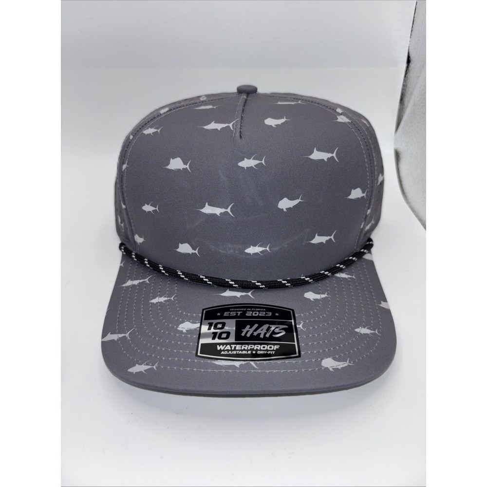 10/10 Hats Gray W/Blk Rope Marlon, Swordfish Micro Mesh BackSnapback Waterproof